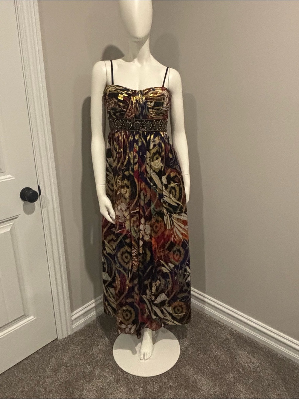 Oleg Cassini Multicolor Beaded Empire Waist Maxi Dress